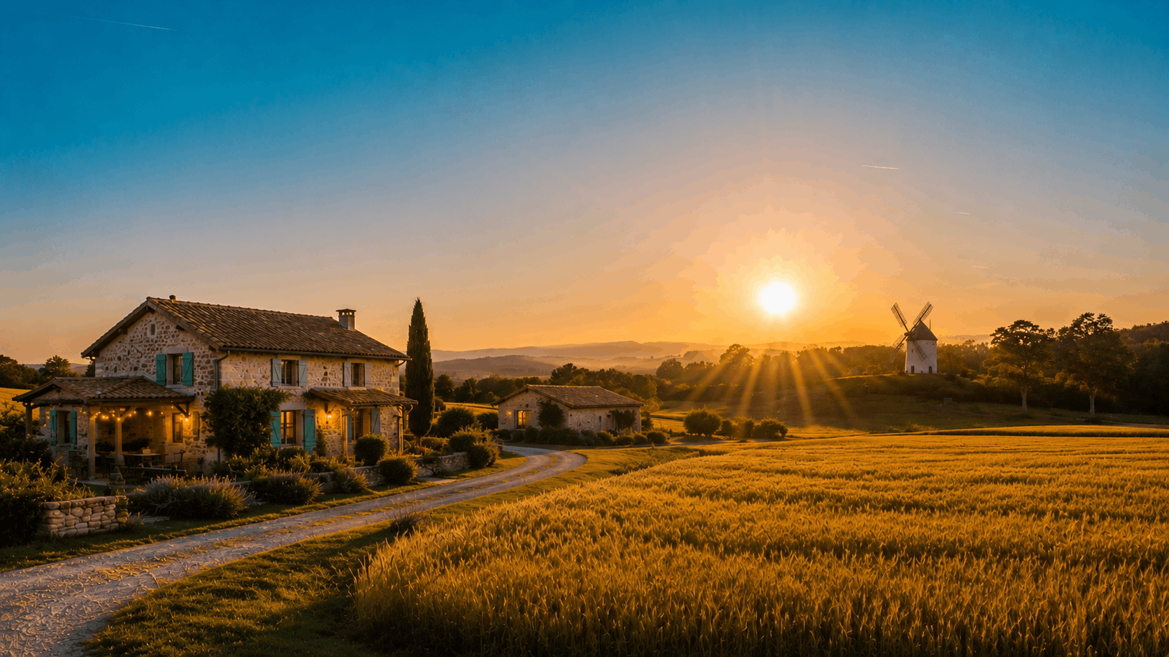 Chemin de campagne traversant un champ baigné de lumière dorée